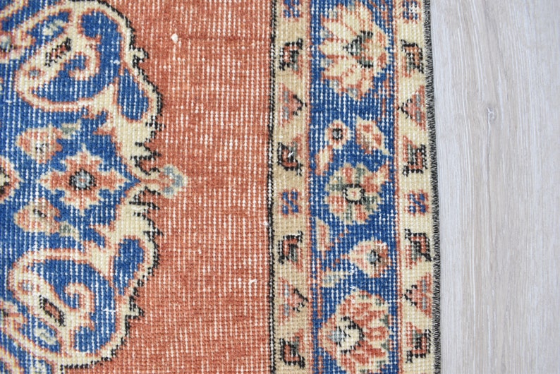 Vintage türkischer Teppich, Handgewebter Teppich, Orange Teppich mit Blauem Medaillon Design, Orientalische Handgewebte Teppiche für Wohnzimmer Schlafzimmer Bild 9