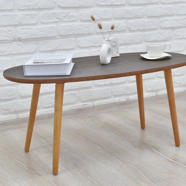 Wood Coffee Table Rustic MDF Wood Furniture and Decor, Sustainable Furniture Rustic Coffee Table Modern Coffee Table Oval Ellipse Low Table