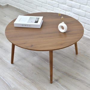 large round coffee table,  living room center table,  walnut colour table, rustic coffee table mdf wood table top with solid wood legs