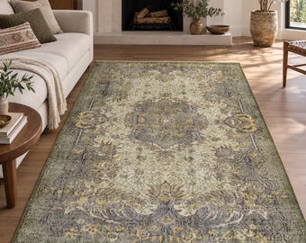 Distressed Vintage Style Wool Rug, Hand Woven Olive Green Beige Floral Carpet for Farmhouse Boho Living Room Decor (5'7" x 8'7")