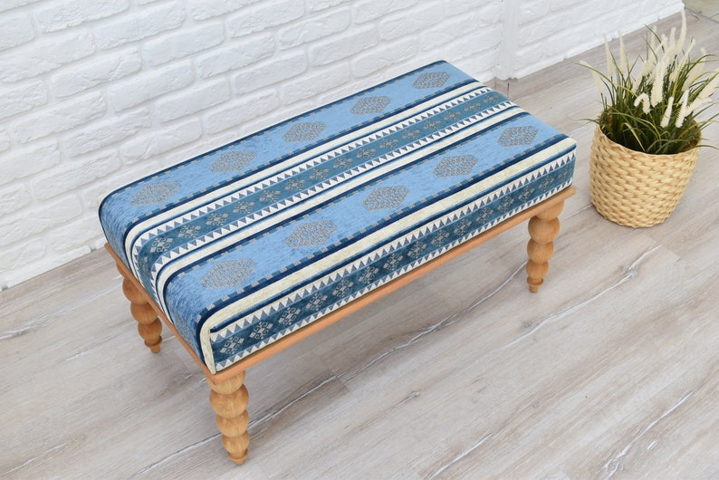 OTTOMAN BENCH / Wood Work Bench / Handmade Furniture / Upholstered Bench with Authentic Turkish Fabric / Bedroom Seat / Coffee Table image 4