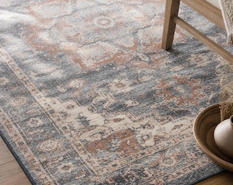 Navy Blue Distressed Area Rug Washable Non Skid Low Pile Carpet for Living Room Bedroom