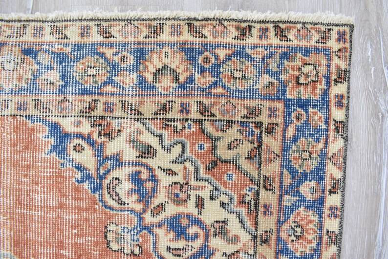 Vintage türkischer Teppich, Handgewebter Teppich, Orange Teppich mit Blauem Medaillon Design, Orientalische Handgewebte Teppiche für Wohnzimmer Schlafzimmer Bild 10