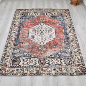Vintage Style Rug, Distress Rug, New Washable Rug, Area Rug, Turkish Red Blue Rug, Persian 8x10 rug, 2x7 Runner Rug, 6x9 Living Room rug
