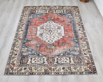 Vintage Style Rug, Distress Rug, New Washable Rug, Area Rug, Turkish Red Blue Rug, Persian 8x10 rug, 2x7 Runner Rug, 6x9 Living Room rug