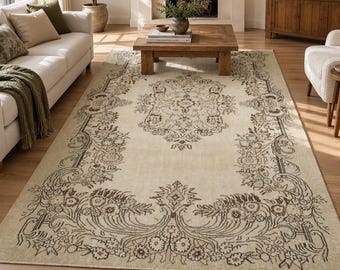 Neutral Boho Area Rug, Beige Vintage Turkish Carpet, 5.9x8.9ft, Farmhouse Cottagecore Interior Handwoven Natural Wool Cotton Rugs