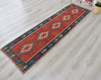 Tribal Runner Rug, 2'7" x 9'3",  Turkish Wool Runner for Entryway Kitchen Hallway Geometric Medallion Long Carpet