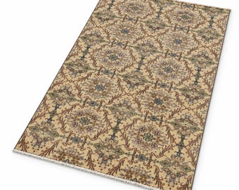 Hand Knotted Turkish Rug, Vintage Area Rug, Natural Organic Handmade Wool Carpet (3’8 x 6’7") Yellow Beige Floral Accent Rug