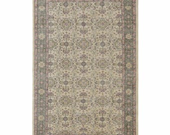 Vintage Oushak Style Wool Rug, Handwoven Turkish Area Rug, Sage Green Ivory Floral Rug, Cottagecore Farmhouse 5x9 Rug ( (5'6" x 8'9") )