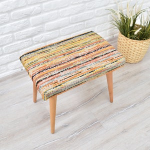 Wooden Bench with Upholstered Seat, Small Bench, Handmade Furniture for Entryway, Vanity Chair, Footstool, Ottoman for Living Room