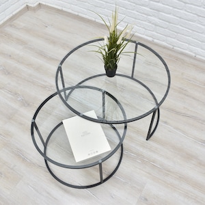 Modern Glass Top and Steel Round Nesting Coffee Table Set for Living Room and Office, Sturdy Stylish Large Round Center Table, Free Shipping