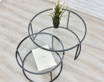 Modern Glass Top and Steel Round Nesting Coffee Table Set for Living Room and Office, Sturdy Stylish Large Round Center Table, Free Shipping