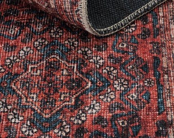 Vintage Style Turkish Area Rug: Claret Red, Navy, Beige Oriental Carpet Washable Easy to Clean
