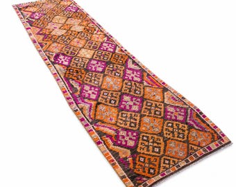 Handwoven Wool Runner Rug, Colorful Boho Hallway Rug, Orange Pink Geometric Tribal Runner, Eclectic Style Long Hall Rug Runner