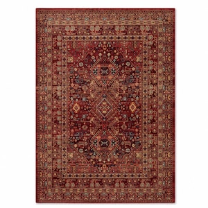 May include: A rectangular area rug featuring a deep red base color with intricate patterns in shades of gold, navy blue, and cream. The design includes a central medallion surrounded by ornate floral and geometric borders throughout the surface.