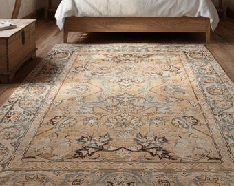 Yellow Beige Turkish Area Rug Vintage Style Washable Carpet Rug Rustic Bedroom Boho Living Room Rug with many size options