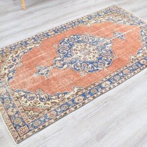 Vintage türkischer Teppich, Handgewebter Teppich, Orange Teppich mit Blauem Medaillon Design, Orientalische Handgewebte Teppiche für Wohnzimmer Schlafzimmer Bild 2