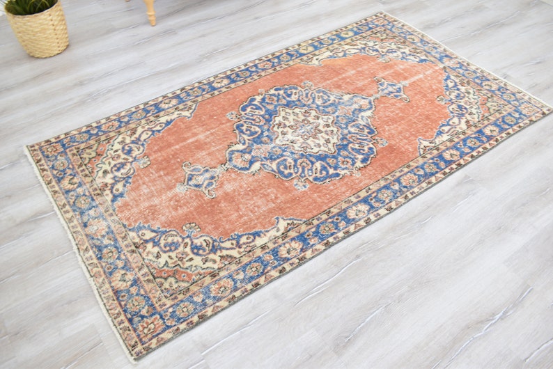 Vintage türkischer Teppich, Handgewebter Teppich, Orange Teppich mit Blauem Medaillon Design, Orientalische Handgewebte Teppiche für Wohnzimmer Schlafzimmer Bild 2