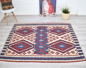 Hand woven Anatolian Kilim Rug, Red Blue Wool, Traditional Turkish Carpet (4'9" x 6'2")