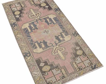 Vintage Turkish Rug Pink Beige Peach Area Rug Handmade Oushak Style Wool Boho Carpet for Bedroom Living Room ( 4.1x8.7ft )