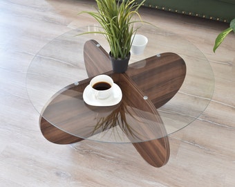 Coffee Table, Unbreakable Glass Coffee Table, Round Table, Center Table, Decorative Wooden Table w/ Tempered Glass Top, Modern Table Decor