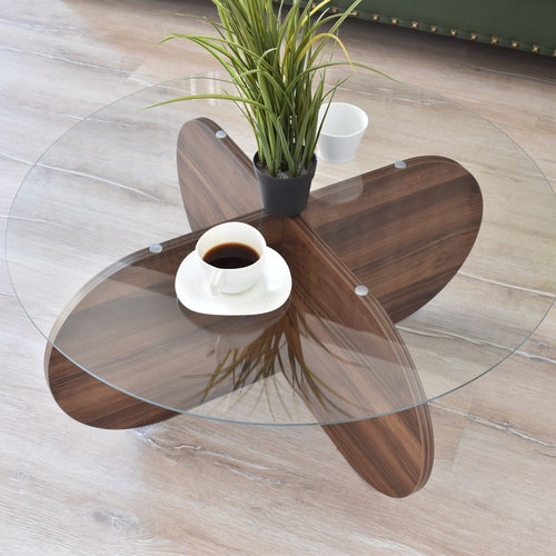 Round Unbreakable Glass Coffee Tablewooden Base Center Etsy