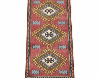Red Turkish Wool Rug, 2.6ftx5.8ft, Handmade Rug, Small Runner Rug for Home Entry, Bathroom, Bedroom Bedside Accent Carpet