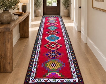 Hallway Runner Rug, (2.7 x 13.4 ft), Handwoven Traditional Herki Style Geometric Red Runner Rug, Long Turkish Red Runner