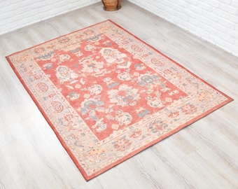 Turkish Rug 5x7, Ethnic Rug 6x9, Floral Rug, Oushak Rug, Red Traditional Rug, Rustic Rugs 9x12, Washable Kilim Rug in different size