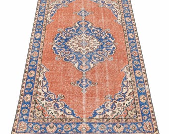 Vintage Turkish Rug, Handwoven Carpet,3'6"x6'7", Boho Orange Accent Rug with Blue Medallion, Traditional Rug for Bohemian Style Home Decor