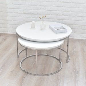 modern coffee table, elegant round shape coffee table, set of 2, white solid table w/ chrome plate metal coffee table base living room decor