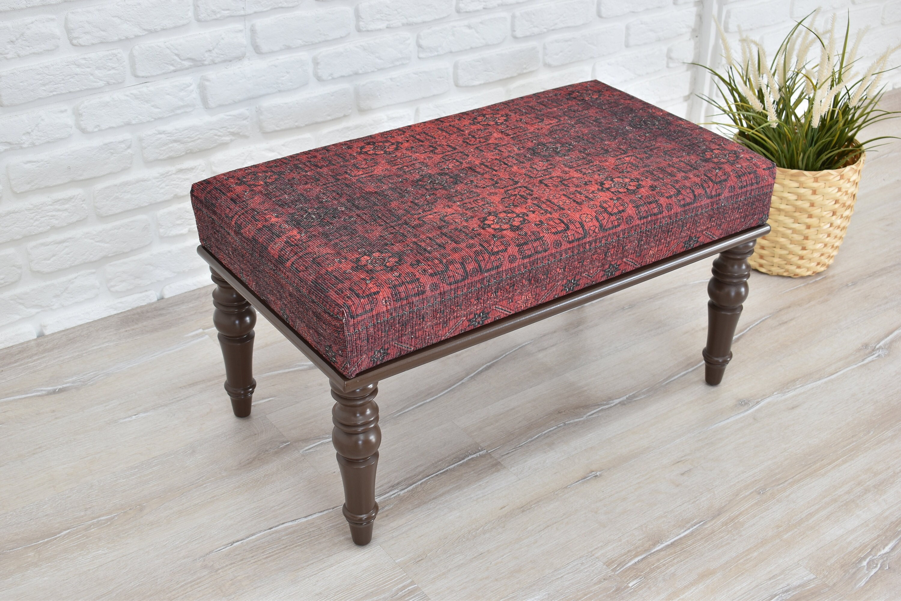 Red Afghan Rug Bench / Rug Ottoman / Solid Wood Furniture / Dining Bench / Living Room Chair / Coffee Table / Kilim Ottoman / Turkish Rug