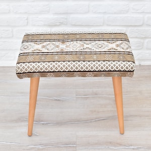 Small footstool with solid wood legs, handmade farmhouse design chair, unique stool ottoman , small bench coffee table side table