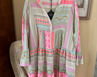 Buntes Tunkia-Kleid Sommerkleid im Ibiza Boho Hippie Style Größe One Size 36 38 40 42