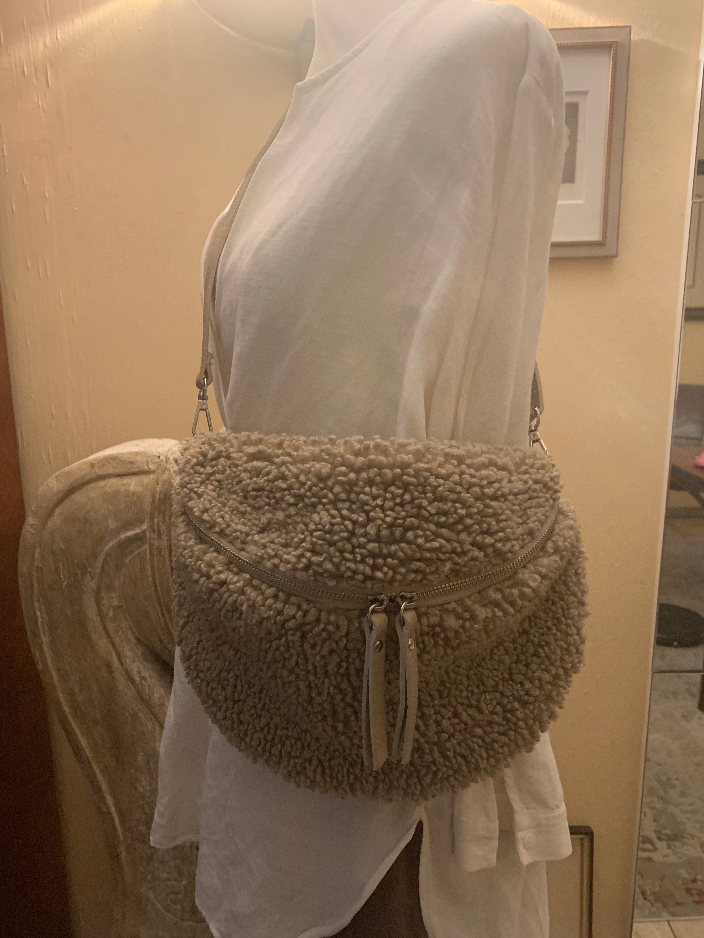 Large Teddy Plush Bum Bag Body Bag With Silver Details Separately