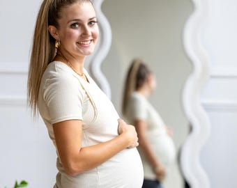 Short Sleeve Maternity and Nursing Top, Ribbed Breastfeeding Shirt with Side Feeding Access, Postpartum Tee, Pregnancy Top