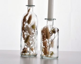 Kerzenständer-Set mit Trockenblumen und Kerze, Rundflasche, Glasflasche, Trockenblumen-Kerzenständer, Trockenblumen in Glas