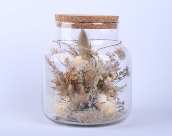 Glasvase mit Trockenblumen und Korkendeckel, Holz, Natur, Rosa, Weiß