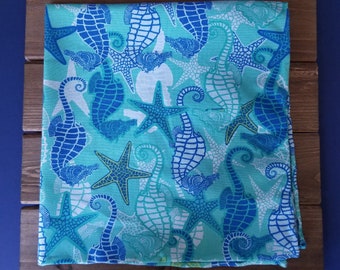 Hand Rolled Cotton Pocket Square - Sea Green with Sea Life