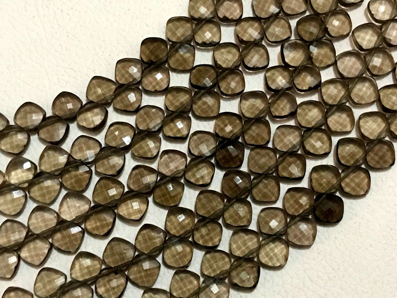 Smoky Quartz Natural Gemstone Size 8 mm Faceted Cut Cushion Shape 7 inch strand