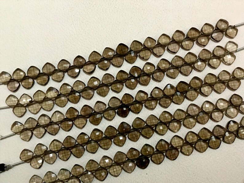 Smoky Quartz Natural Gemstone Size 8 mm Faceted Cut Cushion Shape 7 inch strand