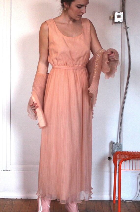 80s Jack Bryan Pleated Coral/Peach Chiffon Dress
