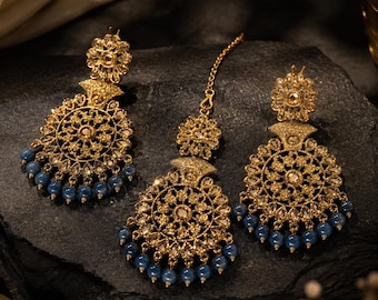 Blue Beaded Chandbali Earrings with Maang Tikka Set | Gold Indian Festive Jewelry Set | Bollywood Wedding Jewelry | Ethnic Bridal Jewelry |