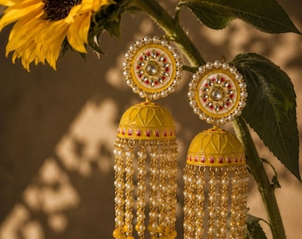 Yellow Pearl Tassel Jhumka Earrings for Women |Indian Ethnic Beads Tassel Jhumka Earrings | Bollywood Statement Jhunka | Kundan Pearl Jhumka