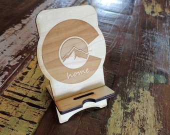 Colorado is Home Mountain Scene - C-shape Design - Dark Finish on Maple Wood - Phone Stand (personalization optional)