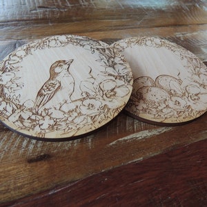 Floral Birds Nest Coasters - Laser Engraved Maple Wood - Set of (4)