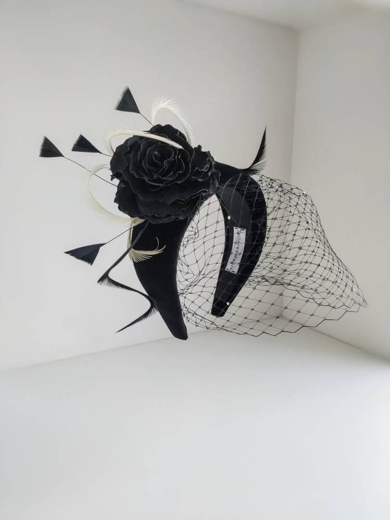 Black Rose Fascinator Headband With Black Net Veil Black Etsy