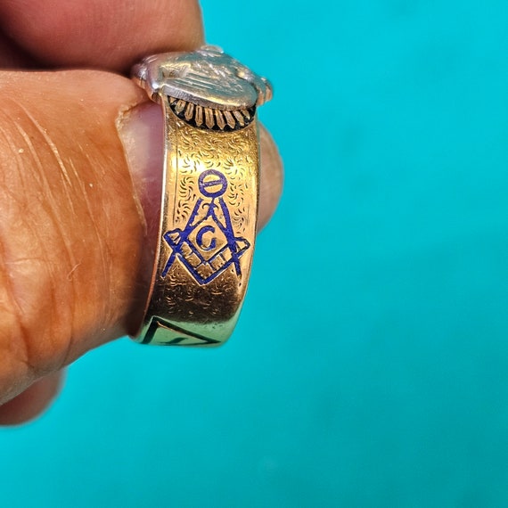 Masonic ring 32 degree 14K rose gold  double head… - image 10