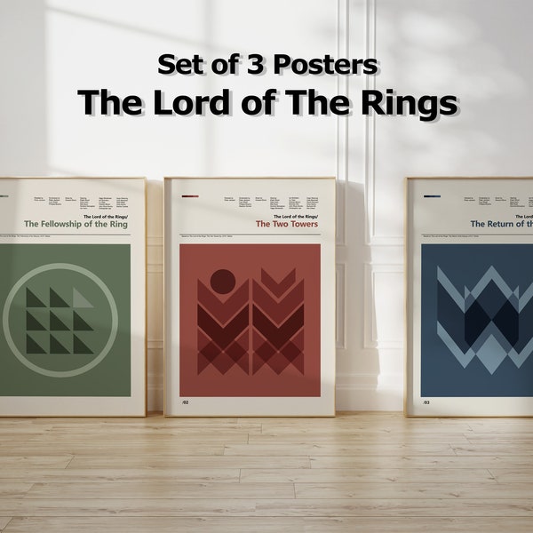 The Lord of the Rings movie poster,  Set of 3  Mid-Century posters,  The Fellowship of the Ring, The  Two Towers, The Return of the King.