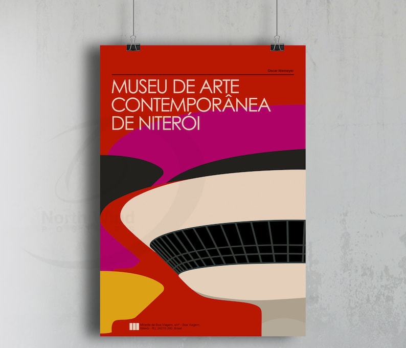 May include: A red, yellow, pink, and black poster with a white building with a black grid pattern. The poster reads "Museu de Arte Contempor&acirc;nea de Niter&oacute;i" and "Oscar Niemeyer".